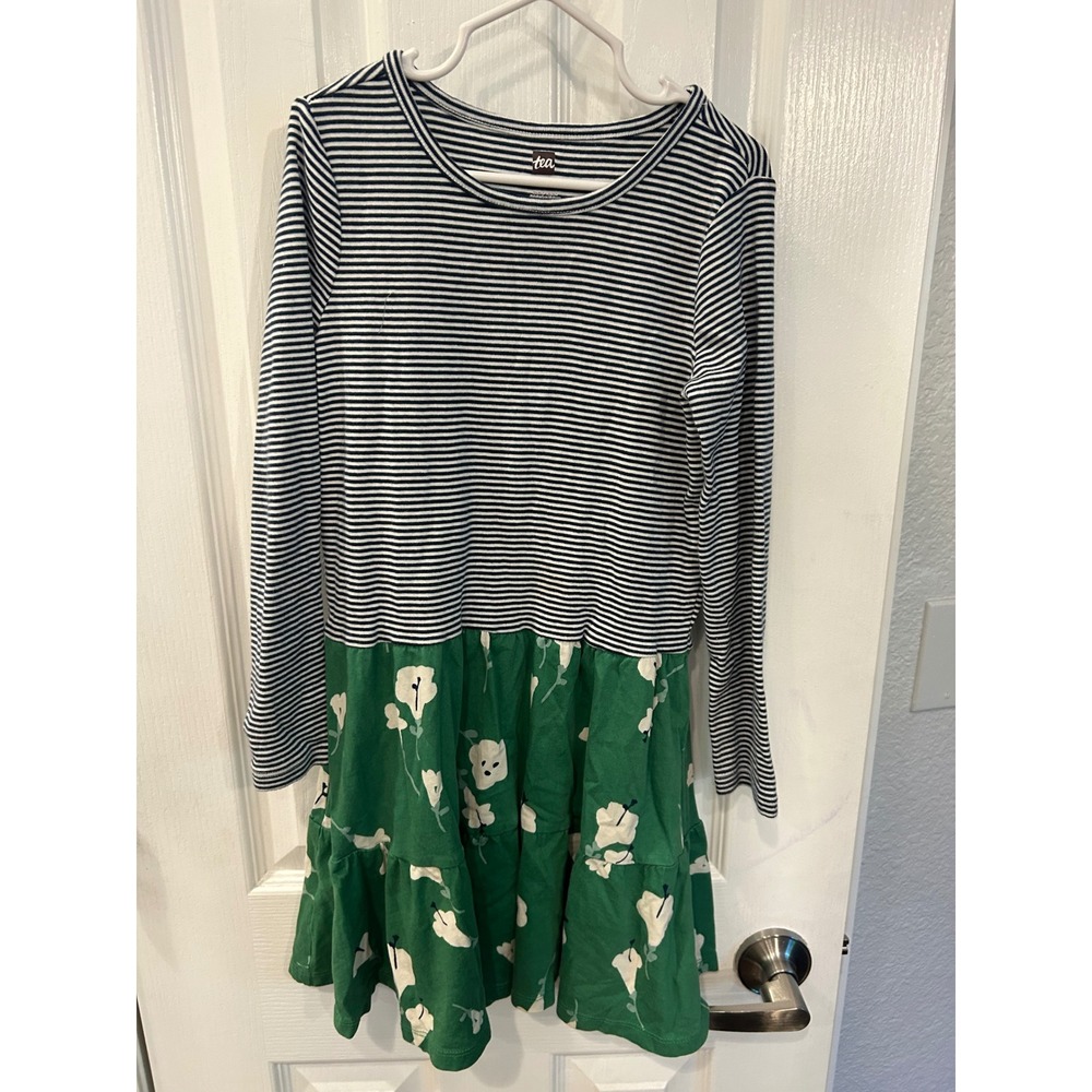 Tea Collection Dress Green Floral Striped Long Sleeve Tiered Cotton Kids 8